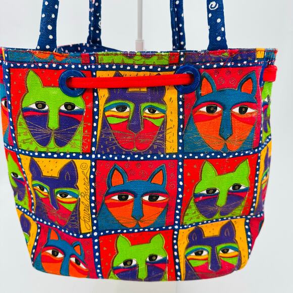 Laurel Burch Canvas Drawstring Tote Bag Purse Red Blue Cats Beaded Vintage - Picture 4 of 9